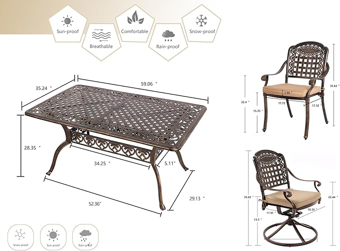 Grepatio 7 Piece Patio Dining Set Outdoor Dining Set Cast Aluminum Furniture Set with 4 Patio Chairs&2 Swivel Chairs and Dining Table for Backyard Garden Deck Poolside (Grid Khaki)