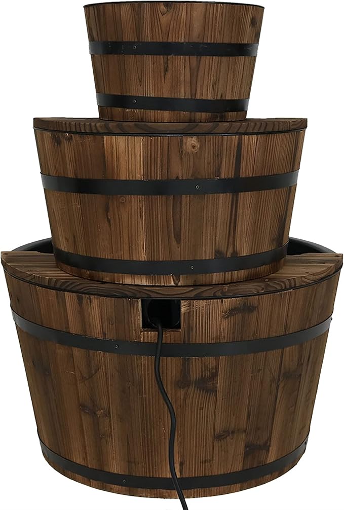 Sunnydaze 3-Tier Wood Barrel Water Fountain - 30-Inch Outdoor Water Fountain Barrel with Submersible Pump - for Garden, Patio, Decks