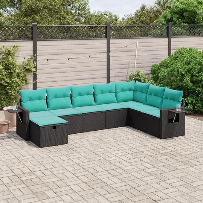 8 Piece Patio Sofa Set with Cushions, Garden Lounge Set Outdoor Sofa Sets Patio Conversation Set Porch Furniture Set for Negotiation Area Garden Exhibition Poolside Black Poly Rattan