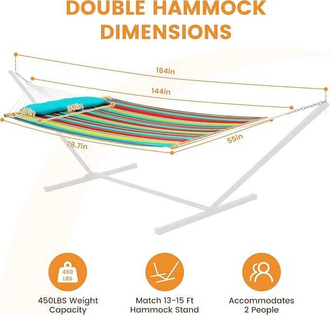 Lazy Daze Hammocks 12 FT Quilted Fabric Double Hammock with Spreader Bars and Detachable Pillow, 450lbs Weight Capacity