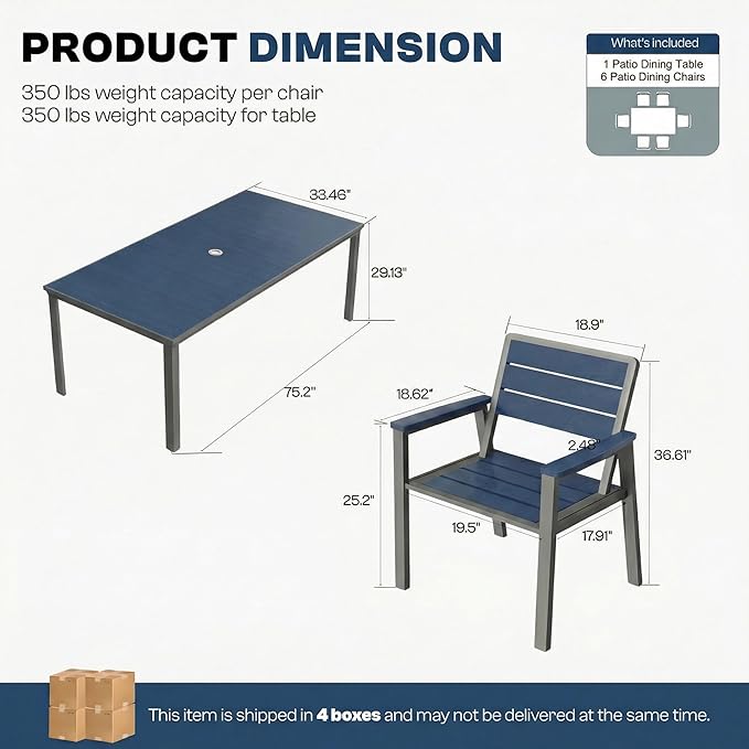 7 Piece Patio Dining Set for 6, Outdoor HDPE Table and Chairs with Umbrella Hole, All Weather Outdoor Furniture for Backyard, Deck, Lawn, Poolside, Blue