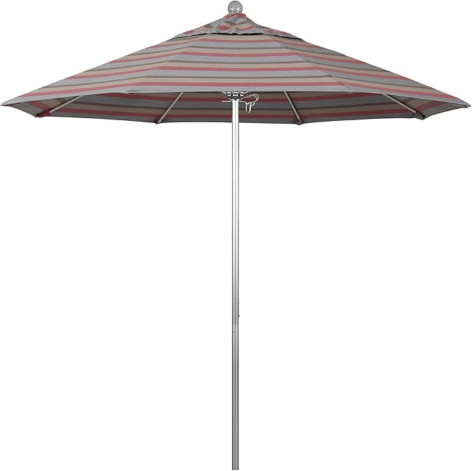 California Umbrella 9' Rd. Venture Series Contract Grade Patio Umbrella, Push Open Pin Stop, Silver Finish, Sunbrella Gateway Blush