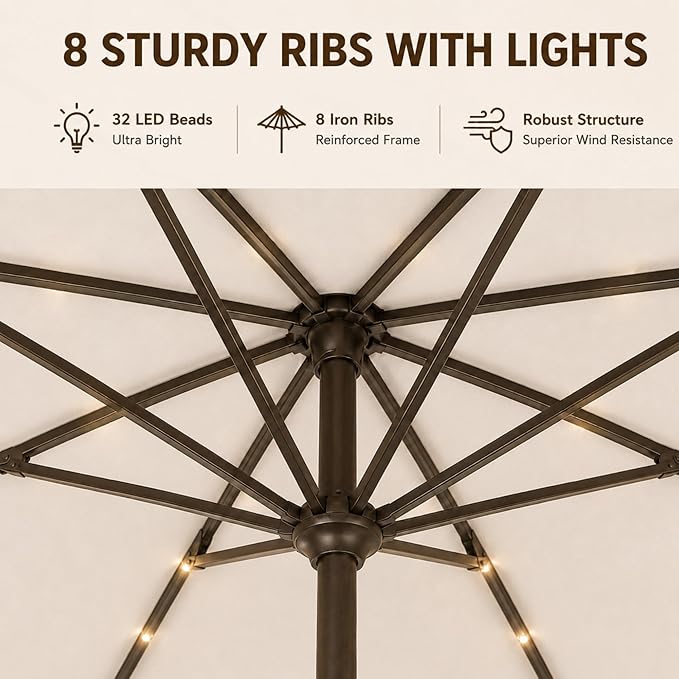 11FT Solar Lighted Patio Umbrella, Outdoor Table Market Umbrellas with Crank Lift, 32 LED Lights, 8 Sturdy Ribs, UV-Resistant for Deck, Garden, Pool