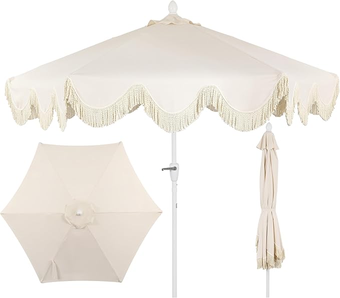 JONATHAN Y UMB1001 Collins 9 ft. Classic Cottage Tassel Market Patio Umbrella with Auto-Tilt, Crank, Wind Vent and UV Protection