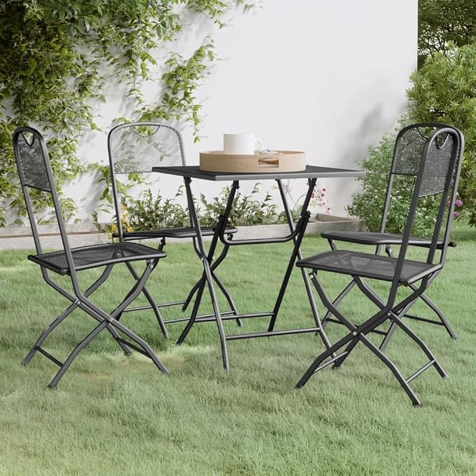 5 Piece Patio Dining Set Expanded Metal Mesh Anthracite Outdoor Table and Chairs Foldable Space Saving Weather Resistant E-Coating Finish for Garden Backyard Poolside