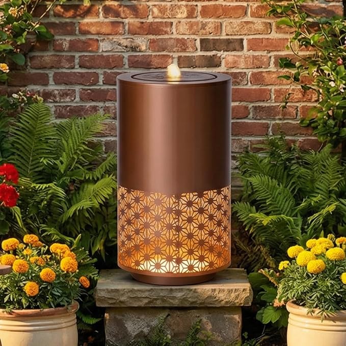 Merax 20.87" H Brown Metal Cutout Outdoor Water Fountain with LED Lights, Modern Freestanding Candle Style Water Feature for Patio Backyard Decor