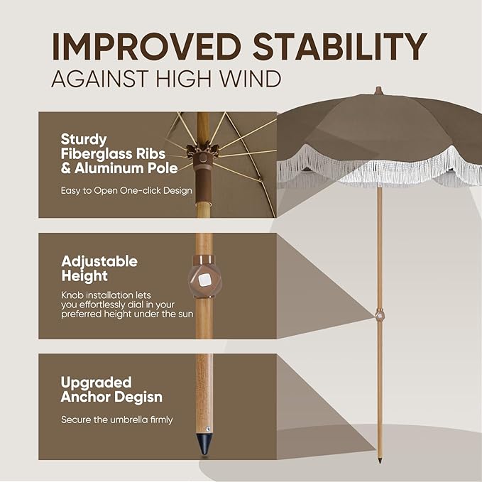 Tempera Heavy Duty High Wind Beach Umbrella with Sand Anchor & Carry Bag | Patio Outdoor Umbrella with Aluminum Frame and Push Button Tilt, Ideal for Travel Garden Lawn, UPF 60+