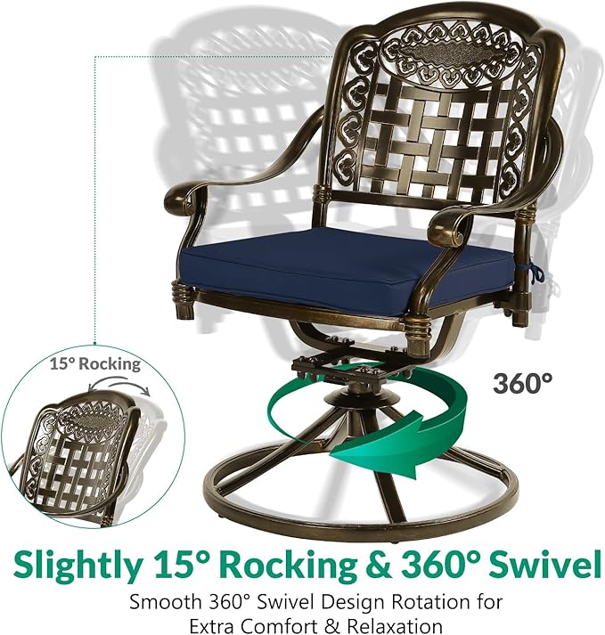 VIVIJASON 9-Piece Outdoor Furniture Dining Set, Rust-Free Cast Aluminum Patio Conversation Set, Include 8 Swivel Dining Chairs & 61" Round Dining Table with 31" Lazy Susan, Umbrella Hole, Navy Blue
