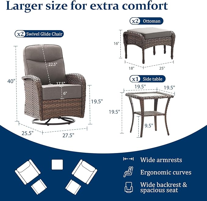 Outdoor Swivel Rocking Chair Patio Set (5-Piece), High-Back - Thick Cushion Swivel Rocking Chair Patio Set, All-Weather Wicker Patio Furniture Set, Suitable for Balcony Patios, Brown/Gery