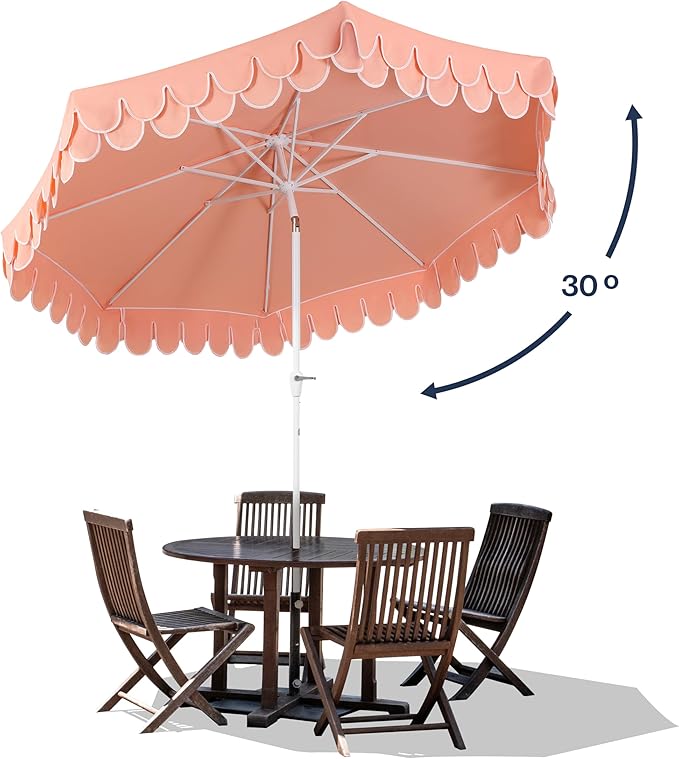 JONATHAN Y Tracy 9 ft. Outdoor Patio Umbrella with Scalloped Edge, Coastal Market Table Umbrella with Crank Lift and Tilt, 8 Sturdy Ribs UV Resistant for Pool, Coral Pink, White Pole UMB1002H
