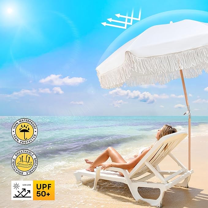 Lefedrasticity Boho Outdoor Umbrella with Tassels,6ft Table Umbrella Outdoor Patio with Knobs Tilt,Wind Resistant Portable Beach Umbrella UPF50+ Fringe Umbrellas For Pool Backyard Deck Garden