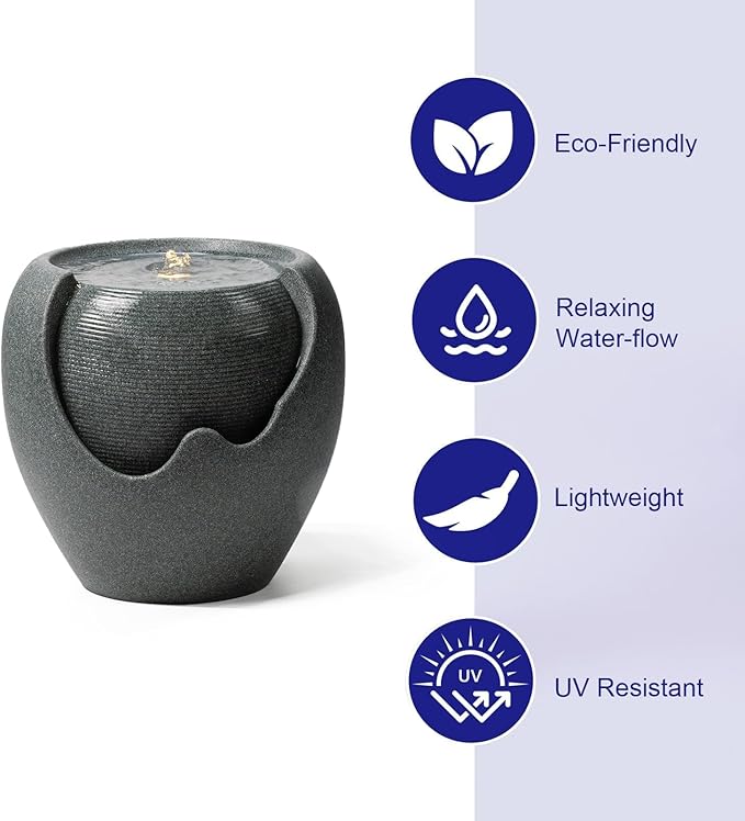 16.93” H Outdoor Water Fountain Made with Eco-Friendly Recyclable Materials, Polyethylene Round Bubbler Water Fountain Outdoor, Garden Decor with LED Light for Patio, Porch, Backyard (16.93")