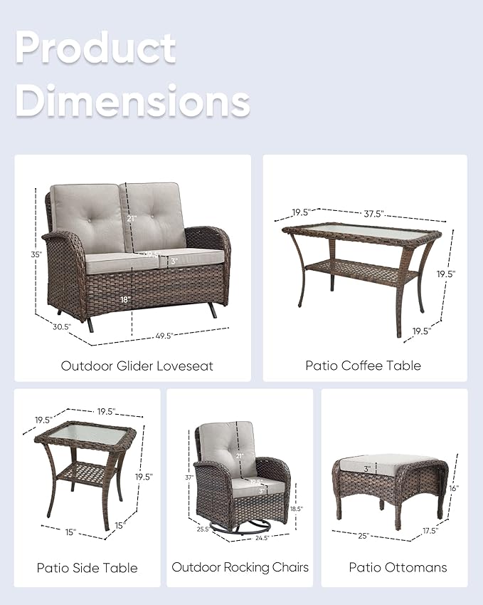 7 PCS Modern Wicker Patio Conversation Sets - Outdoor Swivel Chairs & Glider Loveseat - Ergonomic, Stainless Steel Frame - Brown/Beige