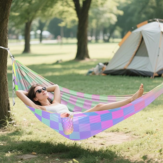 Colorful Laser Design Squares 330lb Capacity Camping Hammocks Fabric Hammock for Camping Travel Accessories amacas para patios con Base de adultos