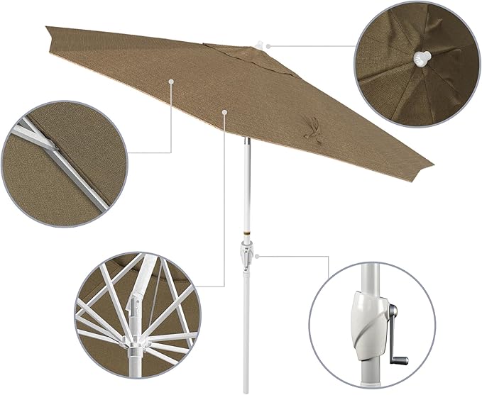 California Umbrella 12-Year Protection 9' Rd Aluminum Patio Umbrella, Crank Lift, Auto Tilt, White Finish, Sunbrella Linen Sesame