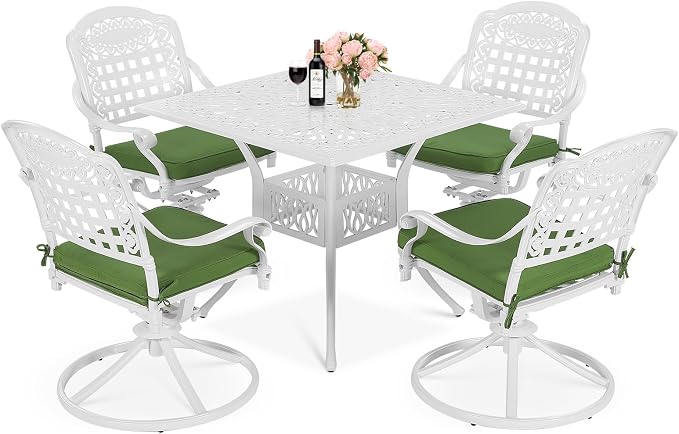 MEETWARM 5-Piece Outdoor Patio Dining Set, All-Weather Cast Aluminum Patio Conversation Set with 4 Cushions Swivel Rocker Chairs for Backyard Garden Deck and 35.4" Square Table, White