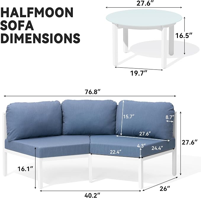 Crestlive Curved Patio Furniture Set, Modular Half Moon 6-Seater Sofa with Round Coffee Table, Aluminum Outdoor Sectional with 4.3" Cushions, All-Weather Couch for Backyard, Deck, Porch, Poolside
