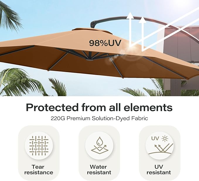 LAUSAINT HOME 11FT Curvy Cantilever Patio Umbrella with Base, 360° Rotation Offset Outdoor Umbrella, Heavy Duty Hanging Umbrella for Backyard, Pool, Garden（Tan）