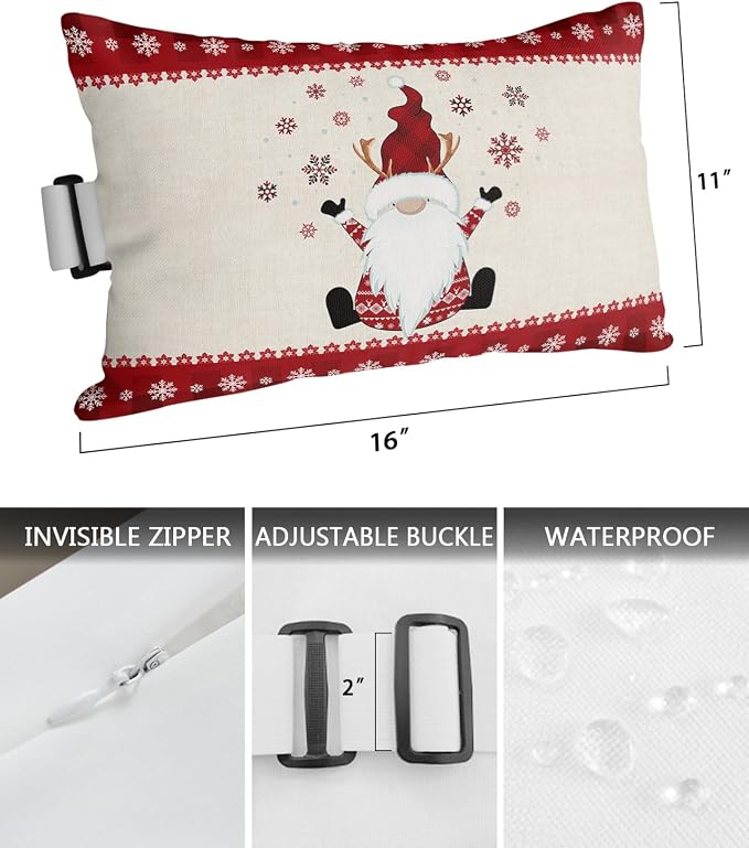 Outdoor Pillows Covers with Inserts Christmas Dwarf Snowflake Red Plaid Waterproof Recliner Pillow with Adjustable Strap Throw Pillows for Patio Furniture Pool Lounge Chair, 11x16 inch, 1PCS