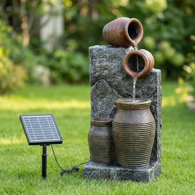 EROMMY 29.9" Tall Outdoor Solar Power Water Fountain - Resin Pottery Cascade Garden Water Fountain with LED Lights Effect for Patio Deck Yard Home,Brown