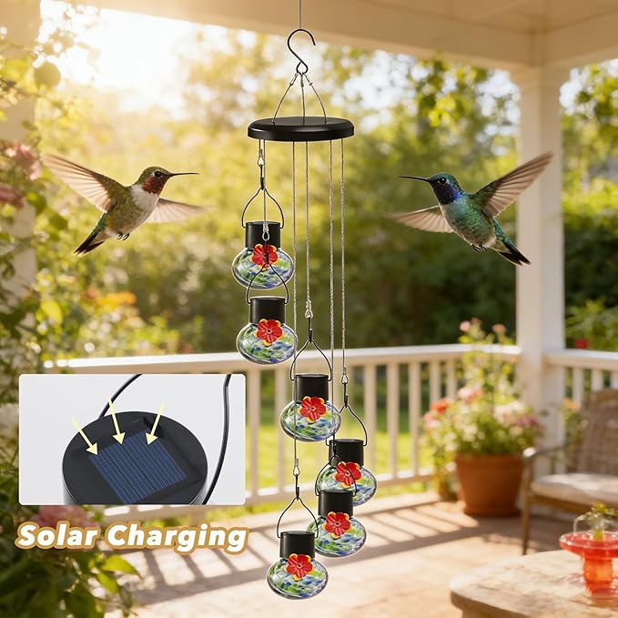 Solar-Powered Hummingbird Feeder with Wind Chime Elegance – 6 Leak-Proof Glass Ports, Frosted Design & Blue Green Night Lights – Perfect Outdoor Gift for Nature Enthusiasts