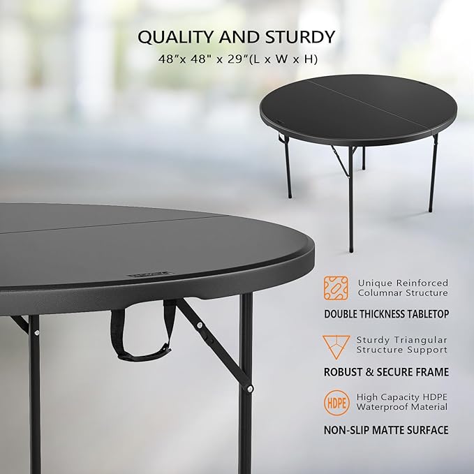 VINGLI Black 48" Round Bi-Folding Commercial Table, 4 Feet Portable Plastic Dining Card Table for Kitchen or Outdoor Party Wedding Event, 2-Pack