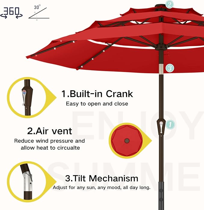 Kingdura 10ft 3-Tier Patio Umbrella with Solar Lights, Table Umbrella Outdoor Patio with Easy Crank & Tilt, 8 Sturdy Ribs, UV Protection, 32 LED Lights for Deck, Poolside, Market (Red)