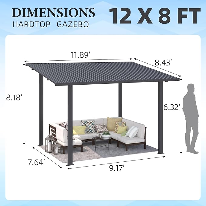 AECOJOY 12' x 8' Outdoor Hardtop Lean to Gazebo for Patio, Large 8x12 Metal Pergola Gazebo, Wall-Mounted Pergolas and Gazebos Clearance, Galvanized Steel Metal Patio Roof Awnings for Patio