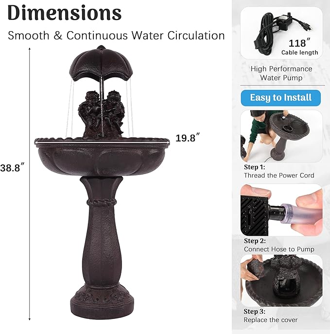 Redlife 38.8" Tall Outdoor Fountain, Angel Cherub Statue Garden Water Feature with Umbrella Rain Effect, Antique Bronze Finished Waterproof Resin Fountain for Patio, Yard, Lawn Decor
