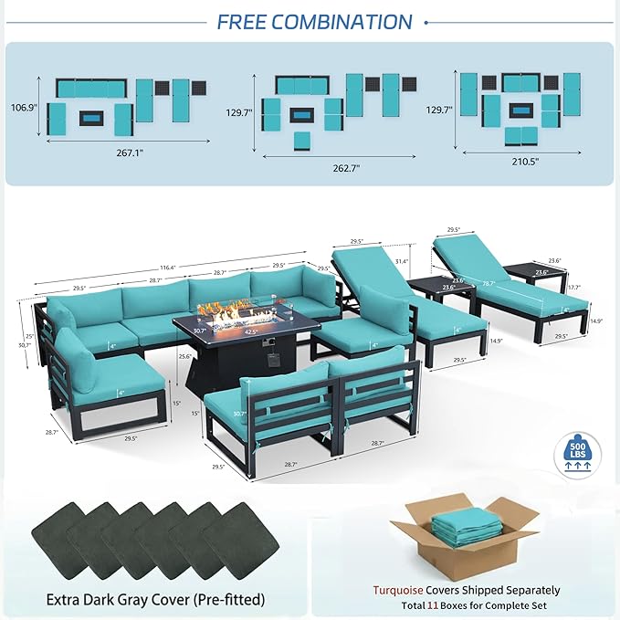 NICESOUL 13 Piece Large Modern Aluminum Patio Furniture Set, Rust Water Resistant Modular Outdoor Conversation Set with Chaise & Fire Pit Table, 500 lbs Durable Modular Sectional Sofa for Deck, Teal