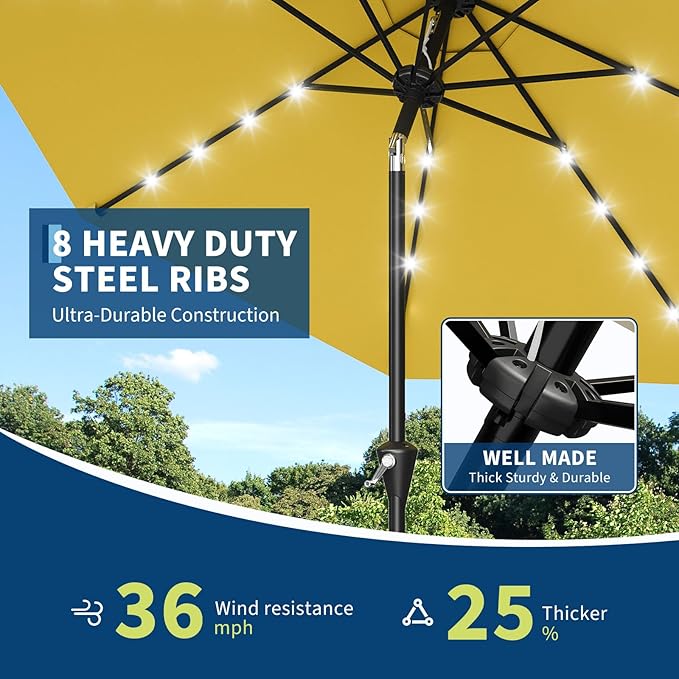 Garvee 9/10 FT Solar Patio Umbrella with 32 LED Lights - Outdoor Table Umbrella with Crank Lift, Push Button Tilt and 8 Sturdy Ribs - Market Umbrella UV Protection for Pool, Deck, Yard, Garden
