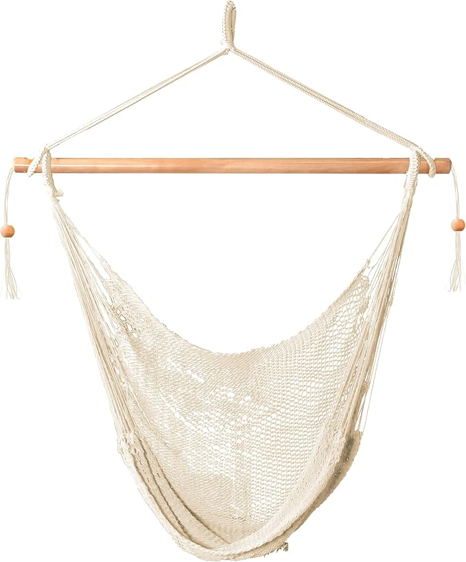 Bliss Hammocks BHC-412NT Island Rope Hammock Chair, Eco Friendly & Hand Woven, Varnish Coated 40 Inch Wood Spreader, Easy to Hang w/Included Hanging Kit, Supports up to 265 pounds, Natural Rope