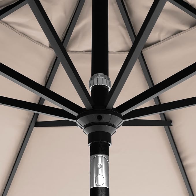 California Umbrella 12-Year-Non-Fading, 9Ft Premium Sunbrella Patio Umbrella, Hand-Crank, Button-Tilt, Black Frame, Taupe Fabric