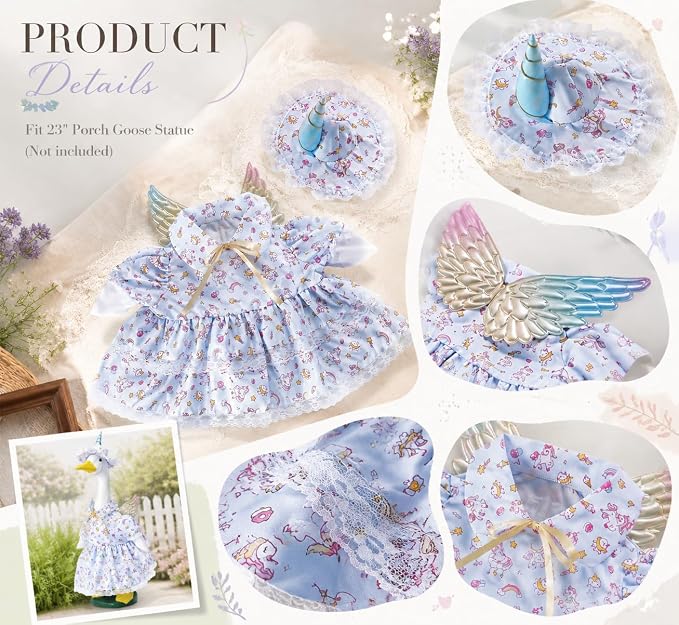 Unicorn Fairy Porch Goose Outfit, Pastel Lace Ruffle Dress & Horn Hat with Iridescent Wings, Fits Standard 23 Inch Lawn Goose Statue, Outdoor Garden Yard Decor