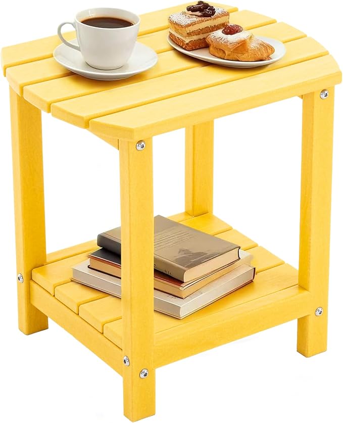 Adirondack Small Outdoor Side Table - Weatherproof HDPE Patio End Table with 2-Tier Storage for Firepit, Balcony, Garden, Poolside or Bathroom (Yellow, Set of 1)