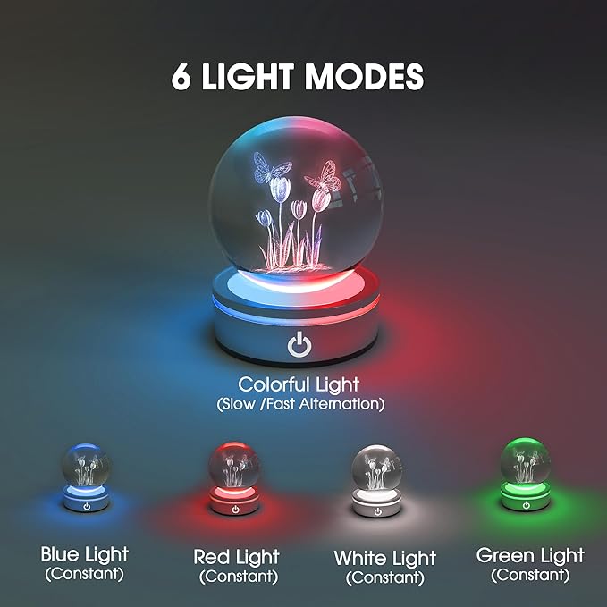 L LOHAS LED 3D Crystal Ball Night Light-Laser Engraved Floral with Silver Base, RGB 4-Color Changing Touch Control Decor Night Light,USB Plug-in & Battery Powered,as a Gift for Girls & Wife