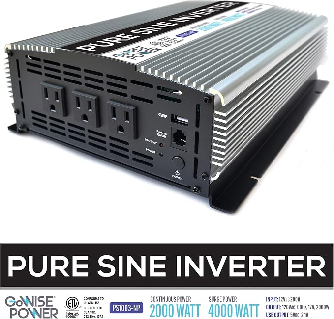 2000W Pure Sine Wave Power Inverter 12V DC to 120V AC with 3 AC Outlets + 1 5V USB Port, Remote Switch and 2 Battery Cables (4000W Peak) PS1003, 2021 Version, Grey