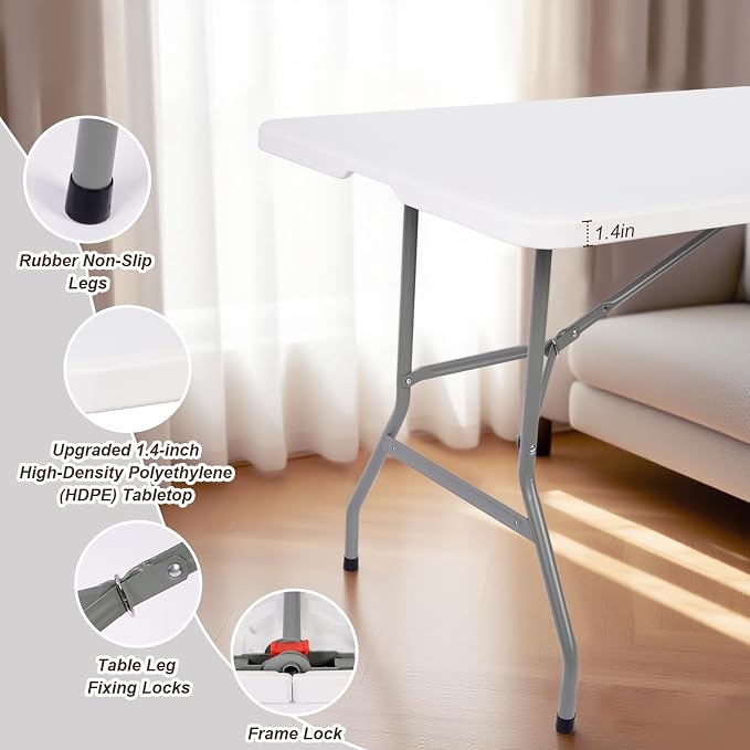 6ft Folding Table Portable Heavy Duty Plastic Utility Foldable Table Indoor Outdoor for Camping, Party with Handle, Lock - White (6 FT & Tablecloth)
