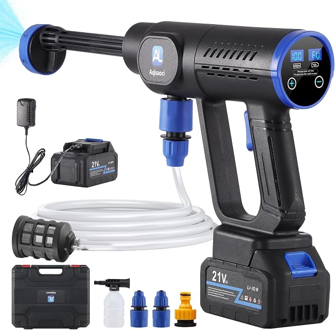 Cordless Portable Cleaning Tools, Brushless Portable Power Machine with LCD Display,100 Levels Adjustable,2×21VRechargeable Batteries 6-in-1 Nozzle Sprayer for Car,Patio,RV,Fence & Yard Cleaning