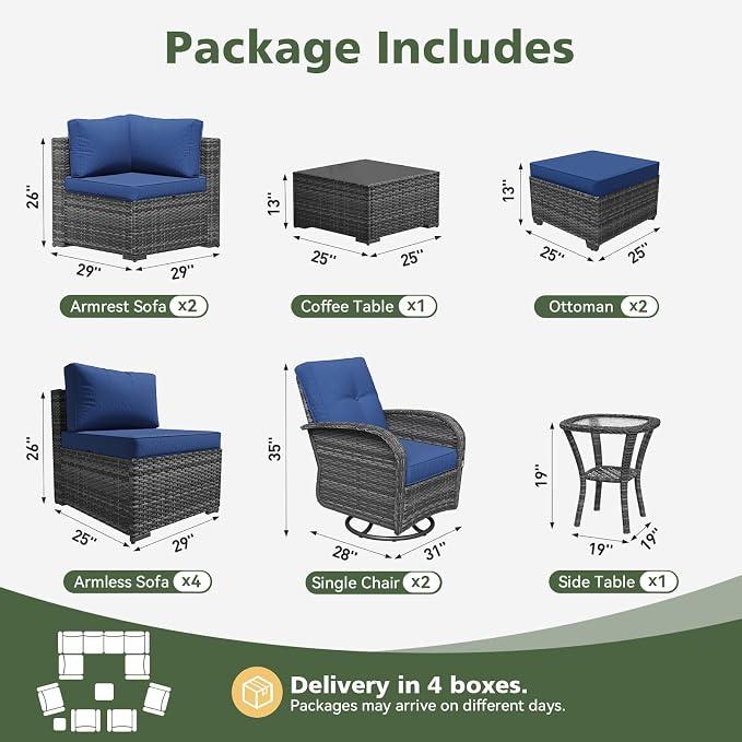 Aoxun 12 Piece Outdoor Patio Furniture Set with Coffee Table, Wicker Rattan Outdoor Furniture with High Back Swivel Rocker Chairs, Outdoor Conversation Set with Thick Cushion & Ottoman, Navy Blue