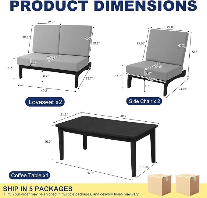 Pia Ricoo 4 Piece Patio Furniture Sets, Outdoor Loveseat Sofa Set with 2 Chairs & Coffee Table, Patio Conversation Set for Backyard, Deck, Lawn, Gray, Dark Wood