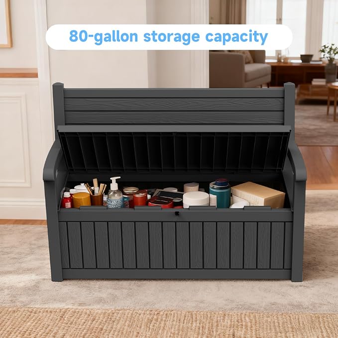 70 Gallon Outdoor Storage Bench， Waterproof and Lockable Outdoor Storage Box, Durable Resin Deck Box for Patio, Backyard, Garden, Porch(Black)