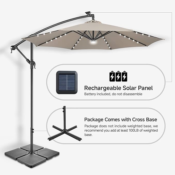 Solar Offset Patio Umbrella - 10 FT Solar Cantilever Umbrella Outdoor with 40 LED Lights and Cross Base, UV Protection for Garden, Deck, Backyard, Pool, Porch, Taupe