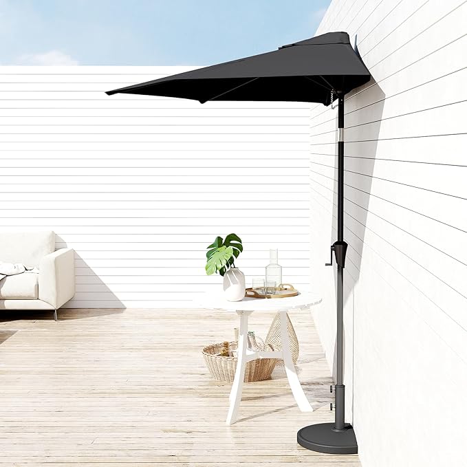 Helios&Hestia 9 ft Small Half Round Wall Outdoor Market Patio Umbrella with Tilt and Crank for Garden, Deck, Balcony