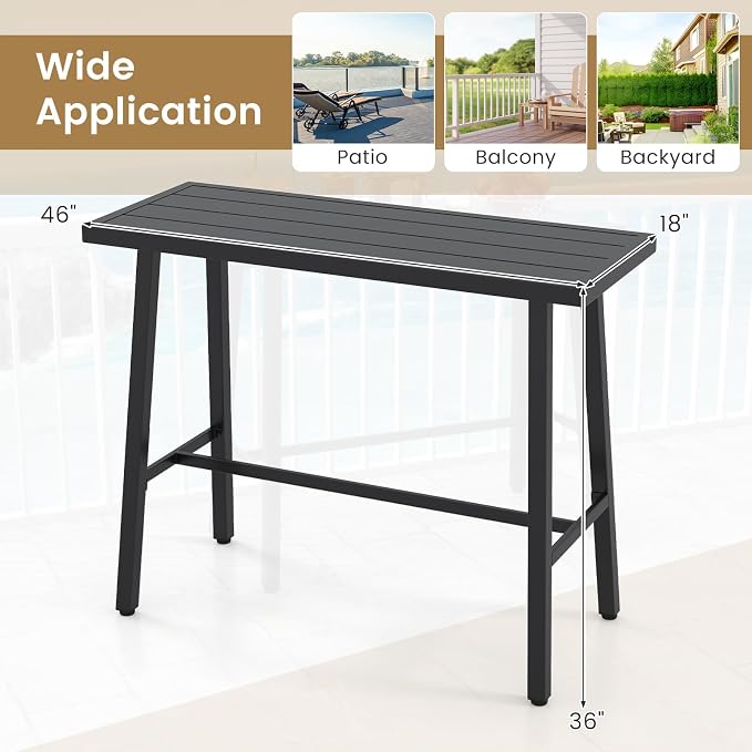 Tangkula 36" Patio Counter Height Bar Table, Rectangular High Pub Table with Sturdy Metal Frame and Adjustable Foot Pads, Outdoor Bistro Dining Table for Balcony, Backyard and Indoor, Black