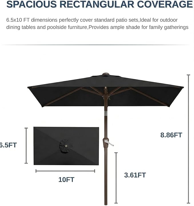 6.5x10FT Patio Umbrella, Outdoor Umbrella with Push Button Tilt and Crank, 8 Sturdy Ribs, UV Protection & Waterproof Market Umbrella for Pool, Backyard, Beach,Deck (Black)