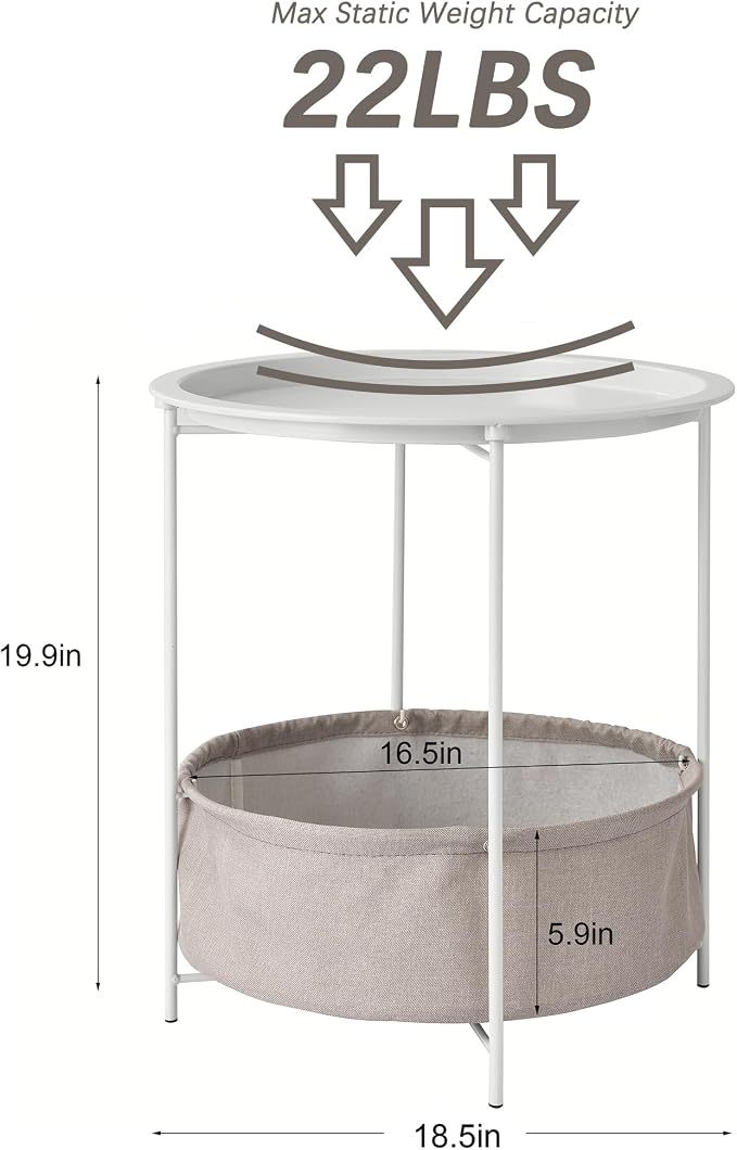 VECELO Round Side/End Table with Fabric Storage Basket，Metal Anti-Rust and Waterproof Small Bedside Nightstand with Removable Tray Top for Living Room，Balcony & Laundry，Beige/1pcs with Basket