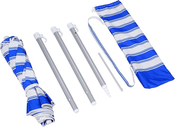 6.5ft folded Portable beach umbrella with sand anchor windproof, Push Button Tilt and Air vent UPF 50+ Protection Fits in a large Suitcase for Patio Garden Beach Pool Backyard, Blue White Stripe