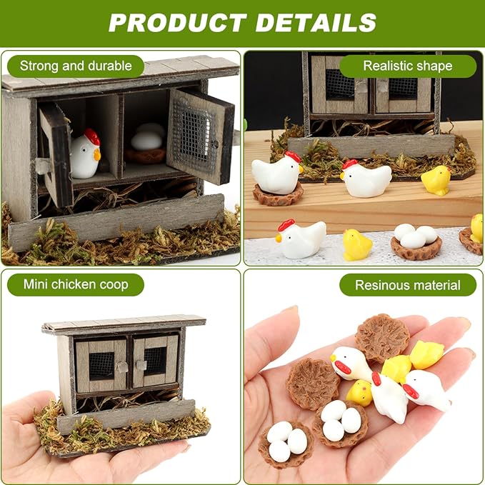 Fairy Garden Mini Chicken Coop Decor, 26-Piece Farm Scene Set | Includes 1 wood coop 3 hens 3 chicks 3 eggs 3 nests, doors open and close, store pieces together to avoid loss