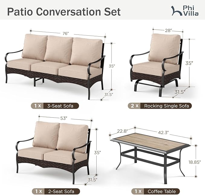 PHI VILLA Outdoor Modern Patio Furniture Set, Upgraded Wicker & Metal Patio Conversation Set with Waterproof Thick Cushions for Porch, Poolside, Yard (5 Pieces,Beige)